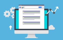 Flat vector illustration of a search engine result displayed on a monitor with gears and line graphs on the background.