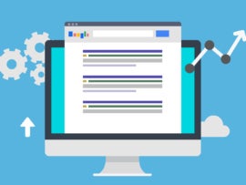 Flat vector illustration of a search engine result displayed on a monitor with gears and line graphs on the background.