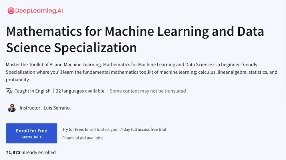 Mathematics for Machine Learning and Data Science Specialization course screenshot.