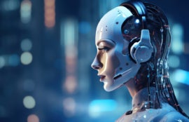 Artificial intelligence robot working at computer in office.