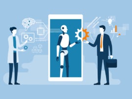 Scientist, AI robot and businessman working together.