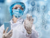 Doctor works online on a virtual screen.